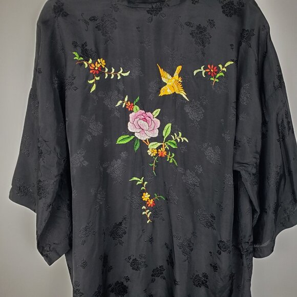 Golden Bee Vintage Black Silky Rayon Robe Kimono Embroidered Floral Bird Small - Picture 7 of 8